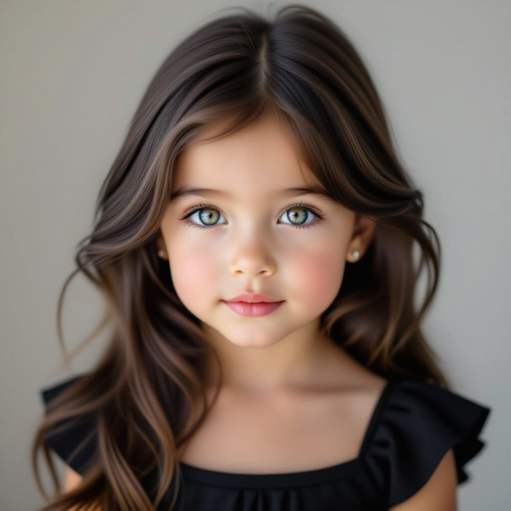 Photorealistic Young Girl with Long Black Hair and Blue Eyes
