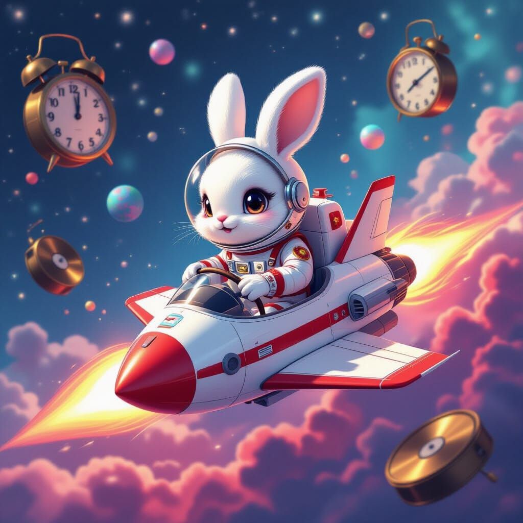 Fluffy Rabbit Pilot in Retro Spaceship