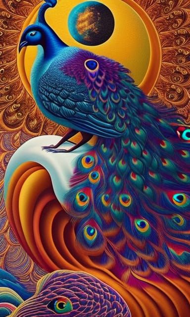 Surreal Sun and Moon Bed with Peacock