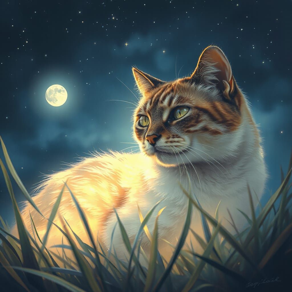 Ethereal Cat Spirit Beside Owner Under Starry Night Sky