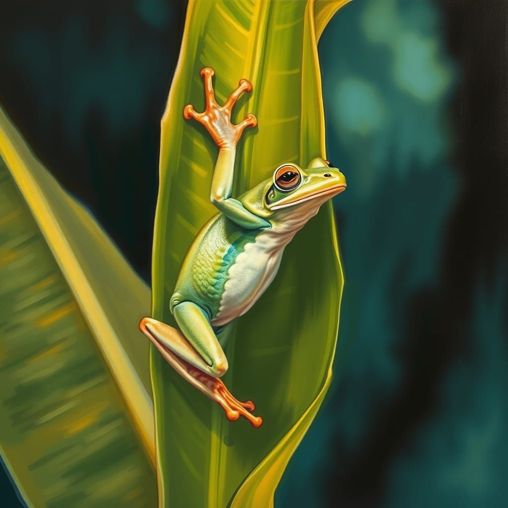 Tree Frog Swinging on Banana Leaf as Oil Painting