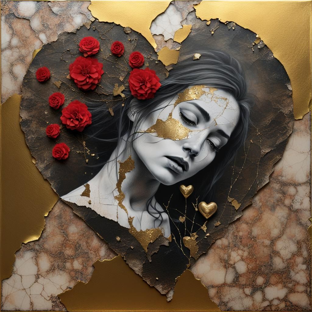 Woman with Broken Heart in Mixed Media Collage