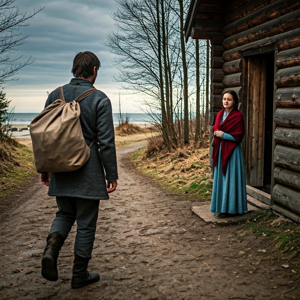 A Medieval Hostess Greets a Weary Traveler in a Winter Lands...