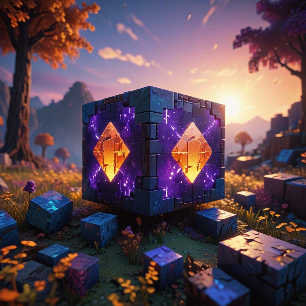 Magical Tesseract Cube on Vibrant Minecraft Planet Landscape