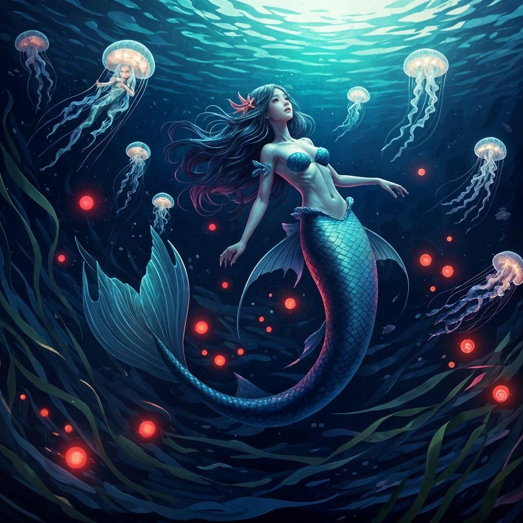 Anime Mermaid in Ocean with Glowing Jellyfish