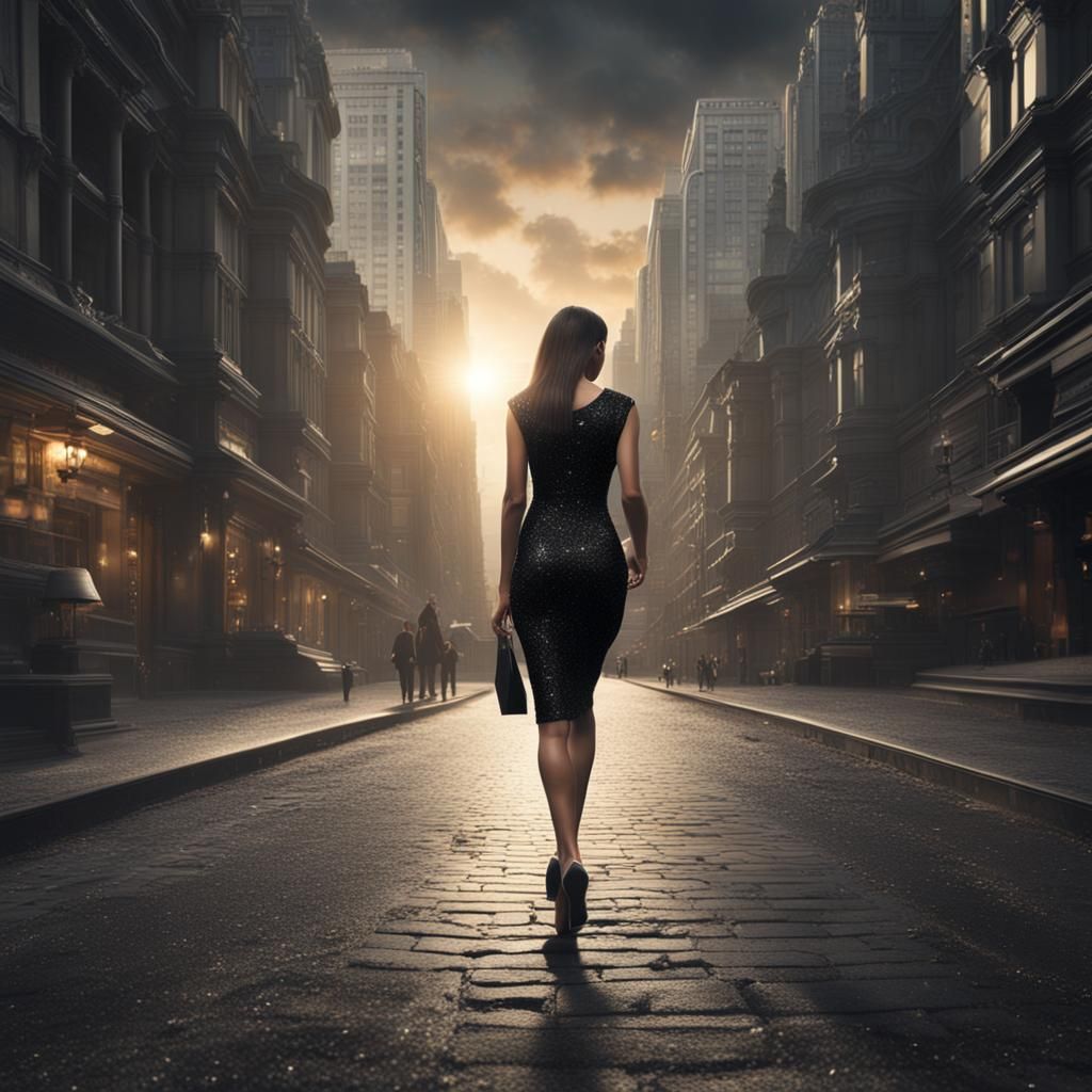 Woman in Black Dress Walking Street: Digital Painting