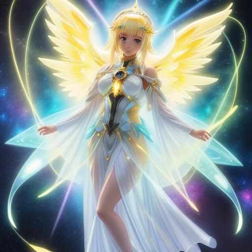 Glowing Glass Angel with Cosmic Energy in Anime Style