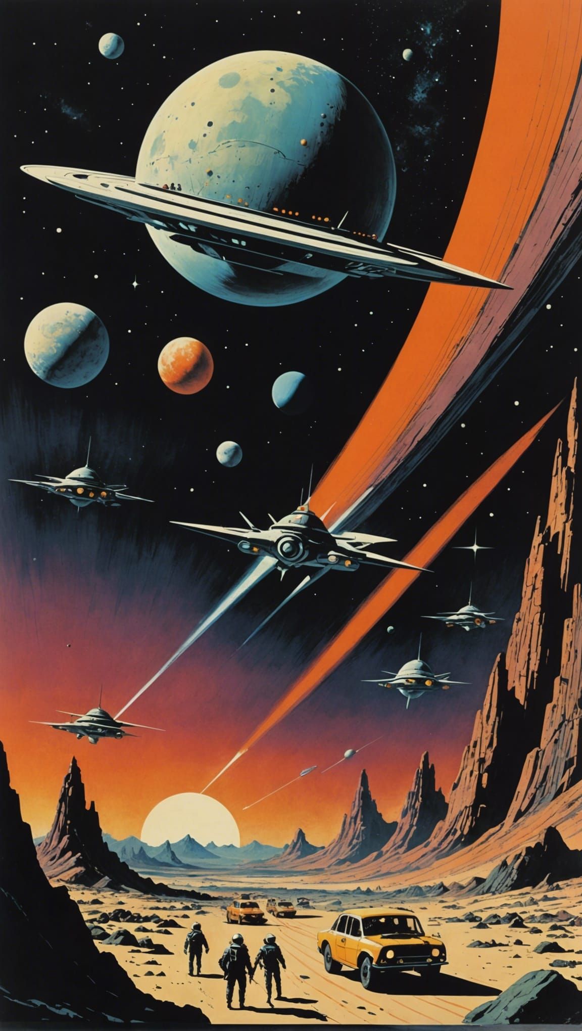 Retro Future Saturn Space Battle in 1970s Sci-Fi Style