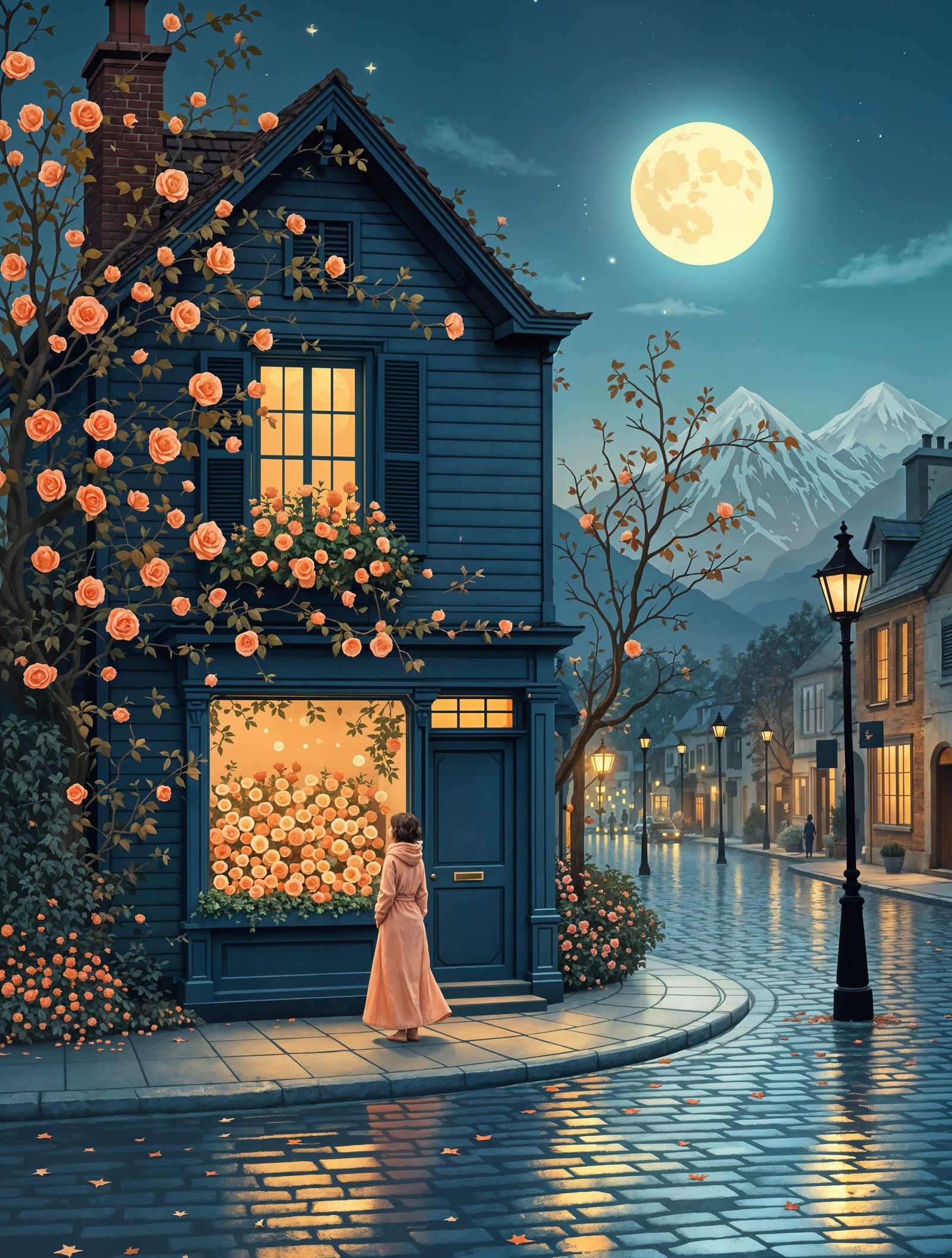 Whimsical Moonlit Village Scene in Soft Impressionistic Styl...