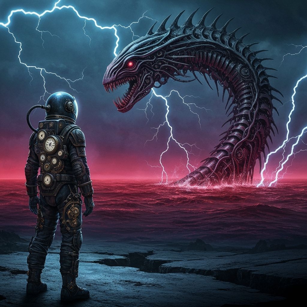 Astronaut and Biomechanical Kraken in Steampunk Style