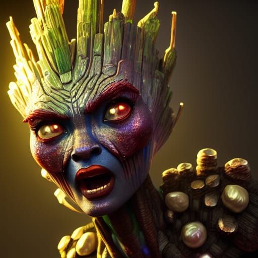 Rageful Groot Portrait in Biopunk Fantasycore Style