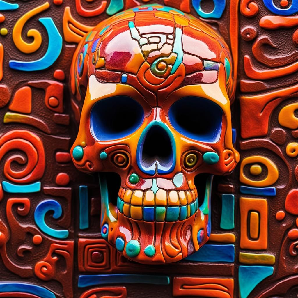 Vibrant Day of the Dead Skull Sculpture in Neon Colors