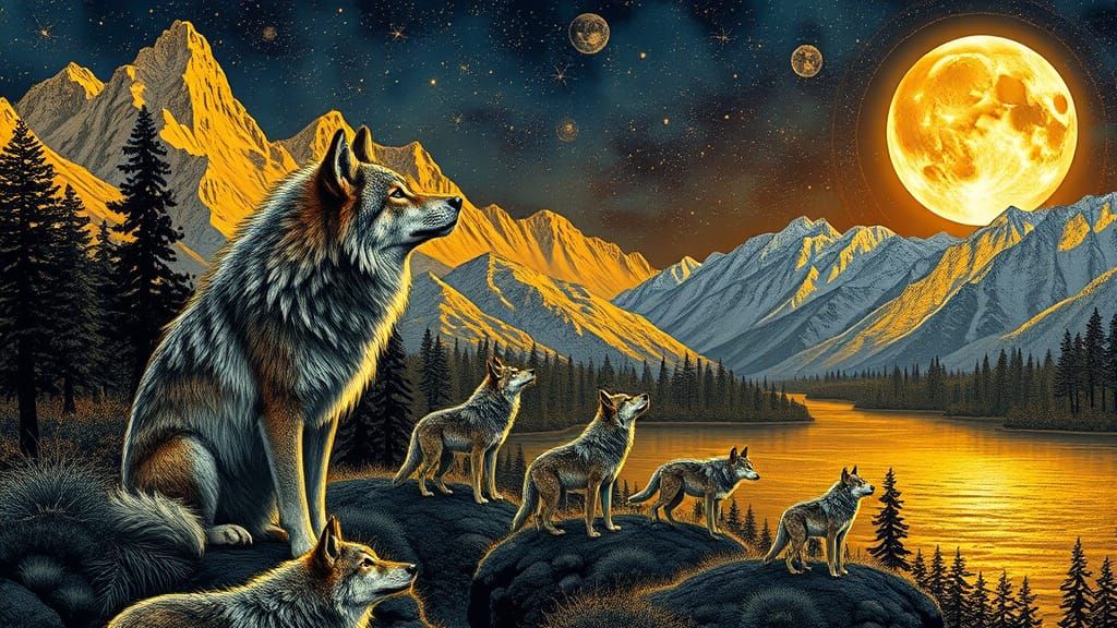 Wolves Howling at Moon in Mystical Landscape