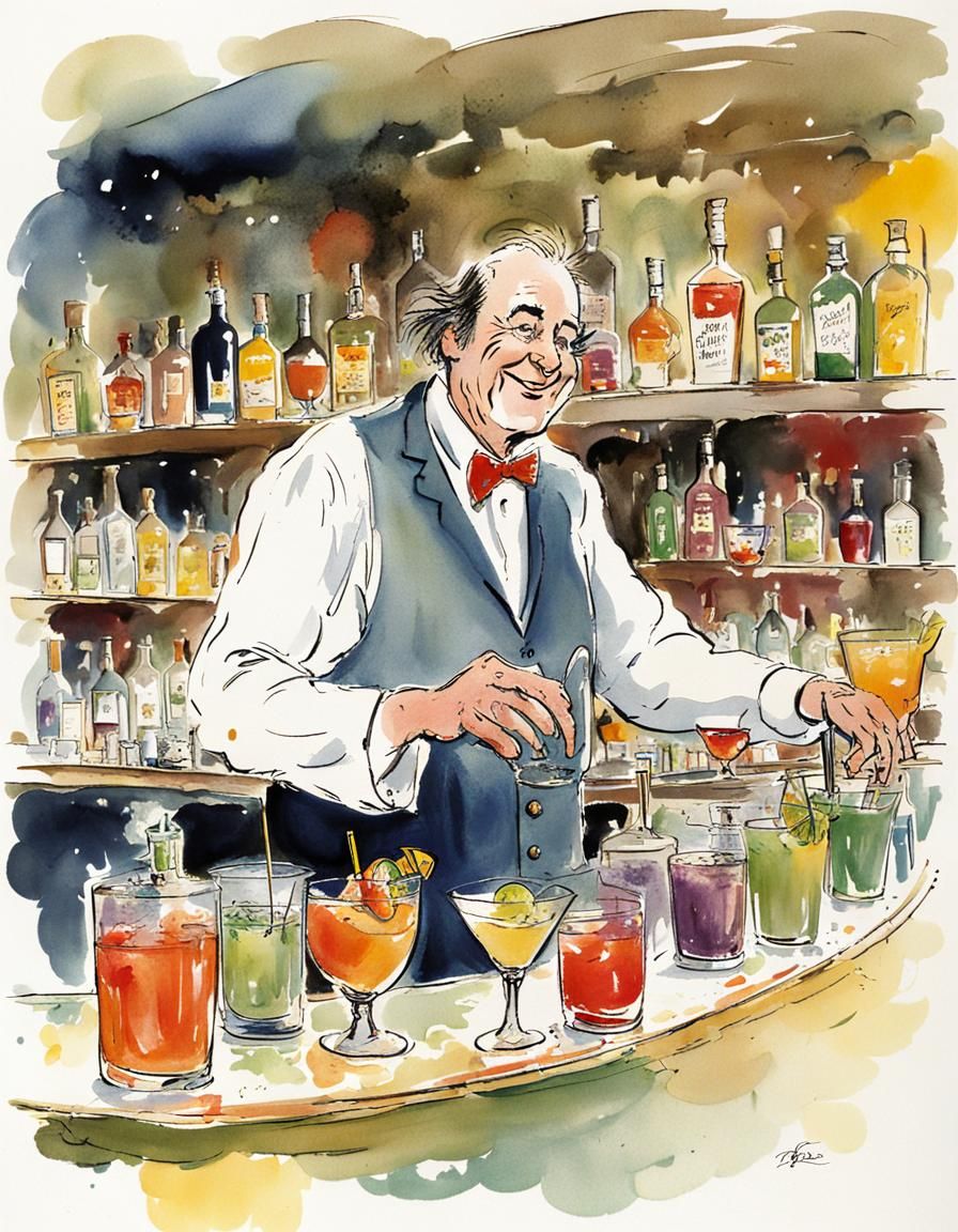Bartender Shaking Cocktail Mixer, Cartoon Illustration