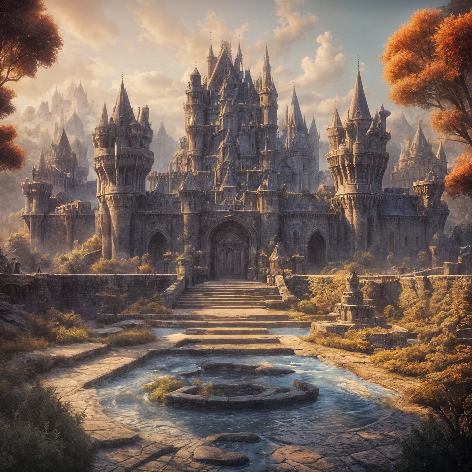 Majestic Medieval Castle Scene with Knights and Torchlight