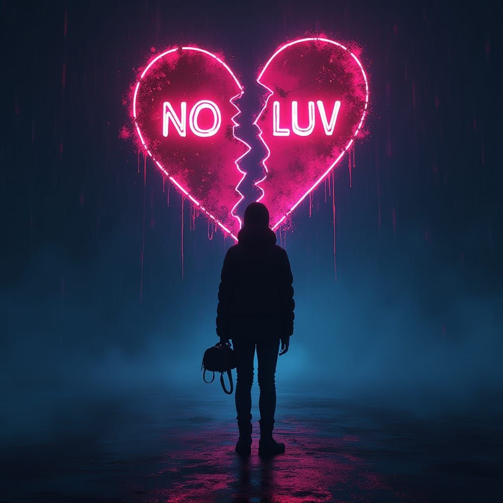 Cyberpunk Figure Amidst Neon-Lit Industrial Heartbreak