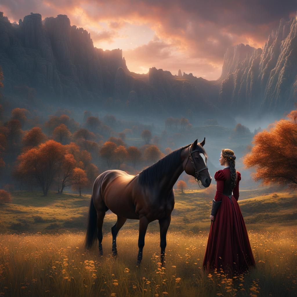 Princess and Horse in Field: Fantasy Concept Art