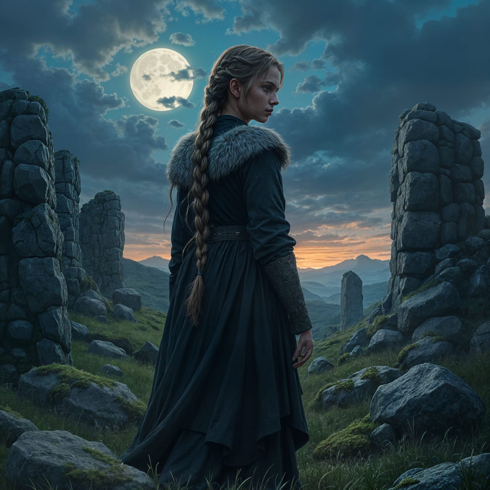 Stoic Viking Maiden in Twilight Fields