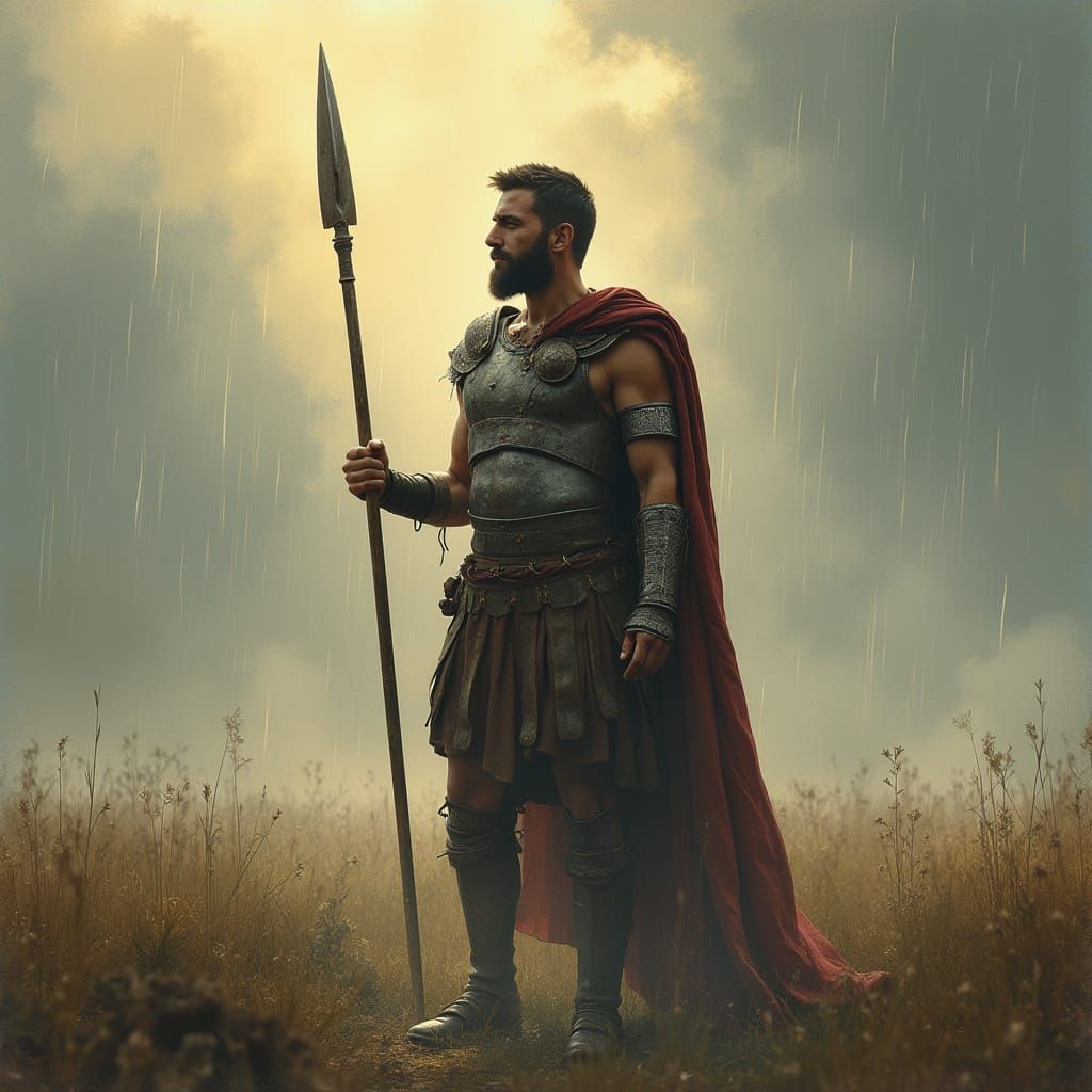 Greek Warrior in Misty Battlefield as Cinematic Still
