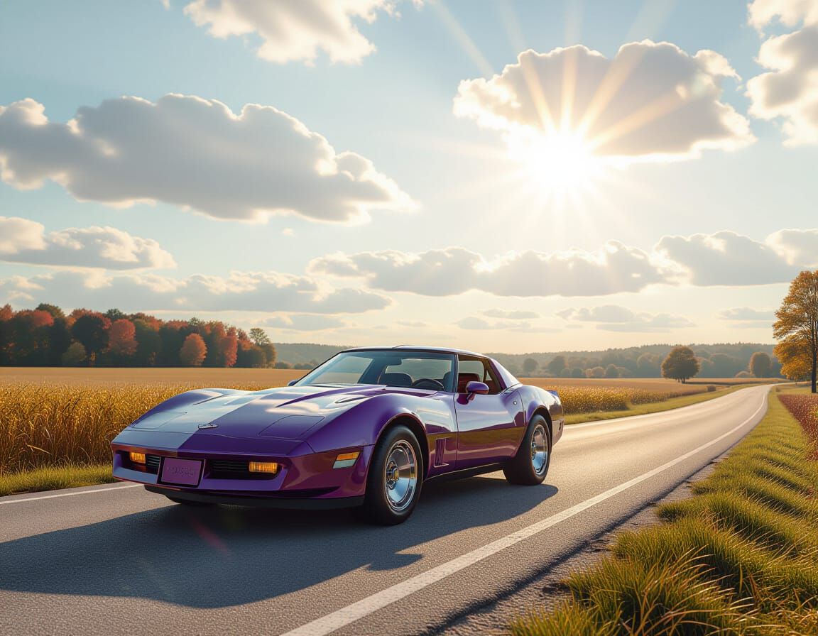 Purple Corvette on Autumn Road in 1980s Style