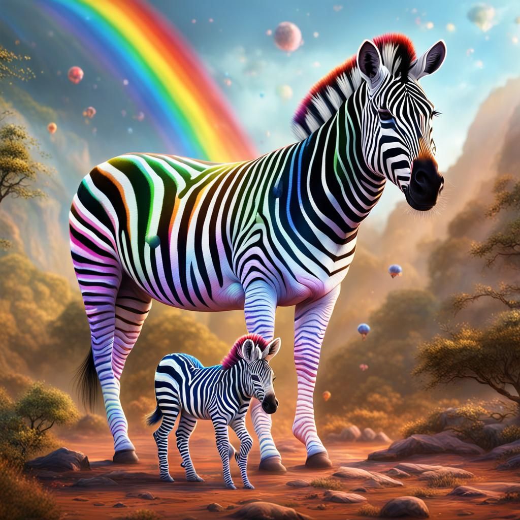Rainbow Zebra with Albino Baby: Detailed Fantasy Art