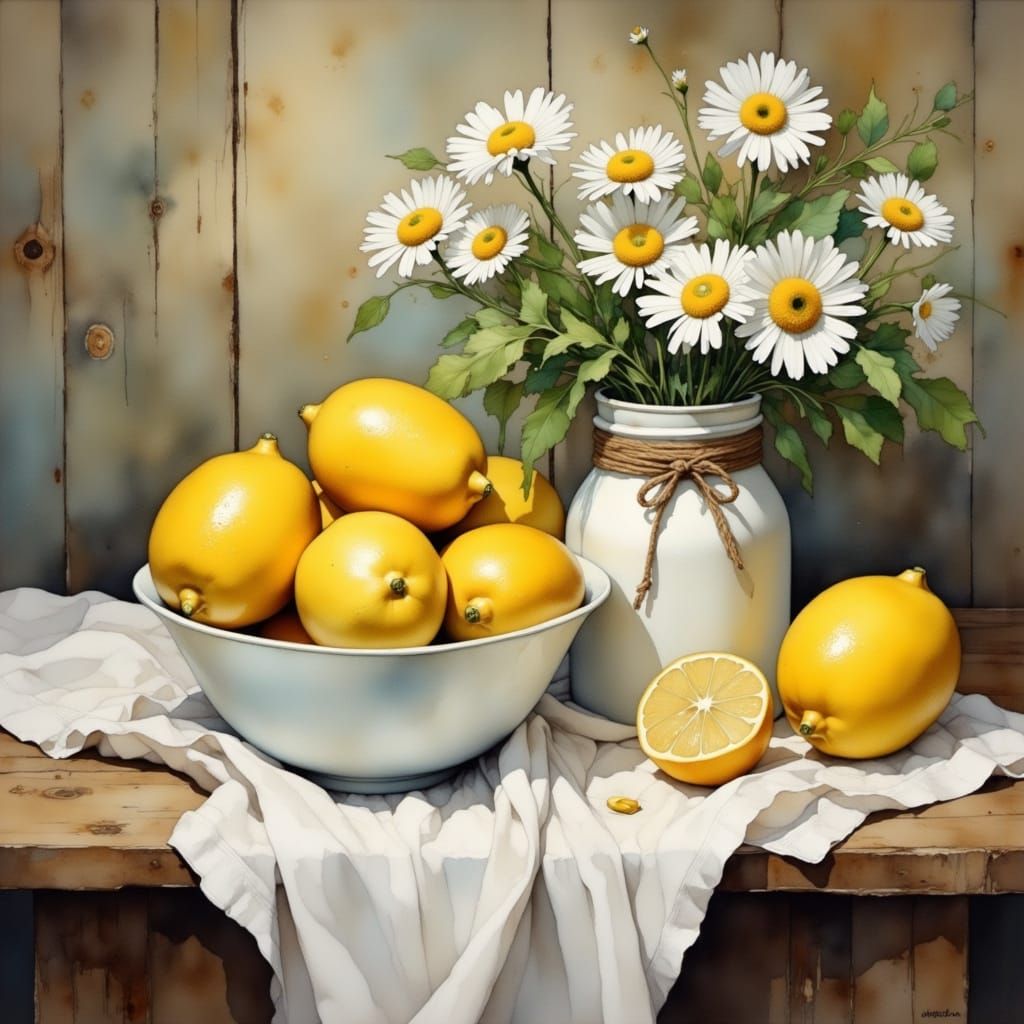 Still Life with Lemons and Daisies as Miniature Painting
