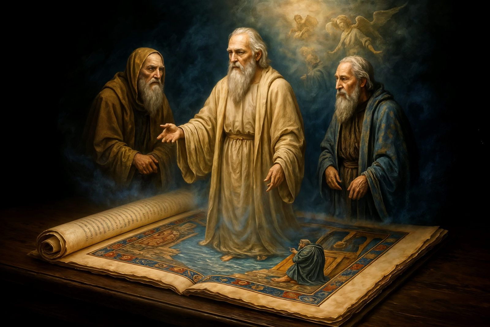 Figures Emerge From Ancient Manuscript, Photorealistic Digit...