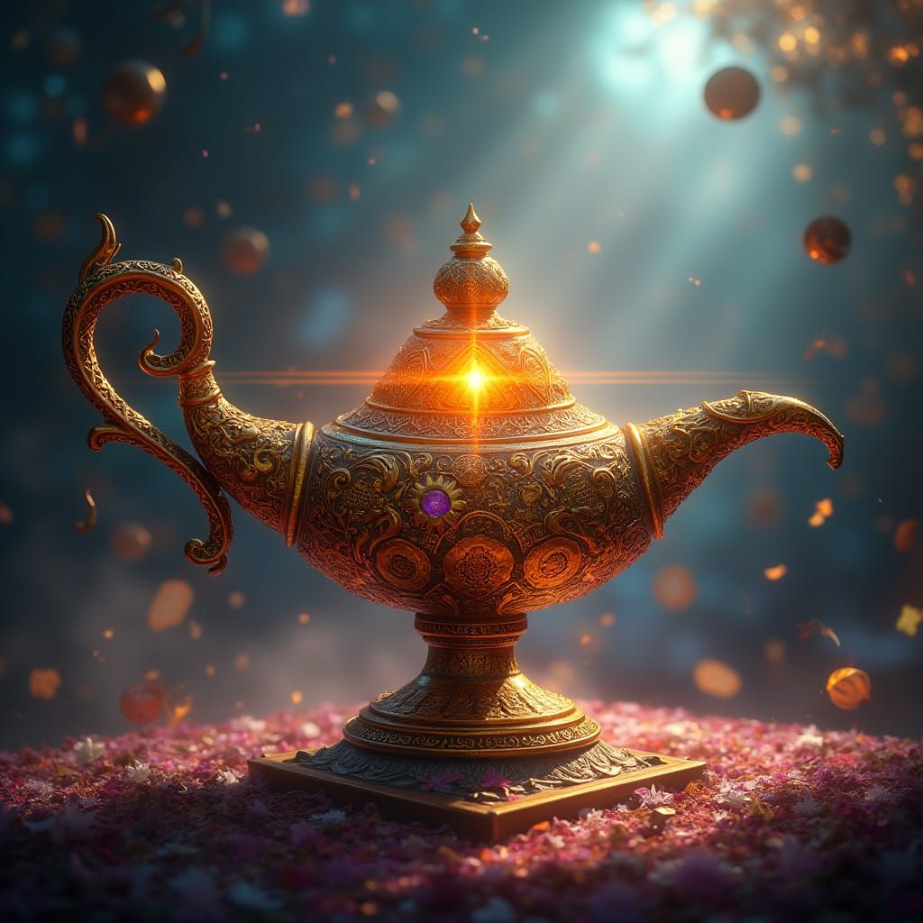 Ancient Golden Lamp in Arabian Nights-Inspired Fantasy Scene