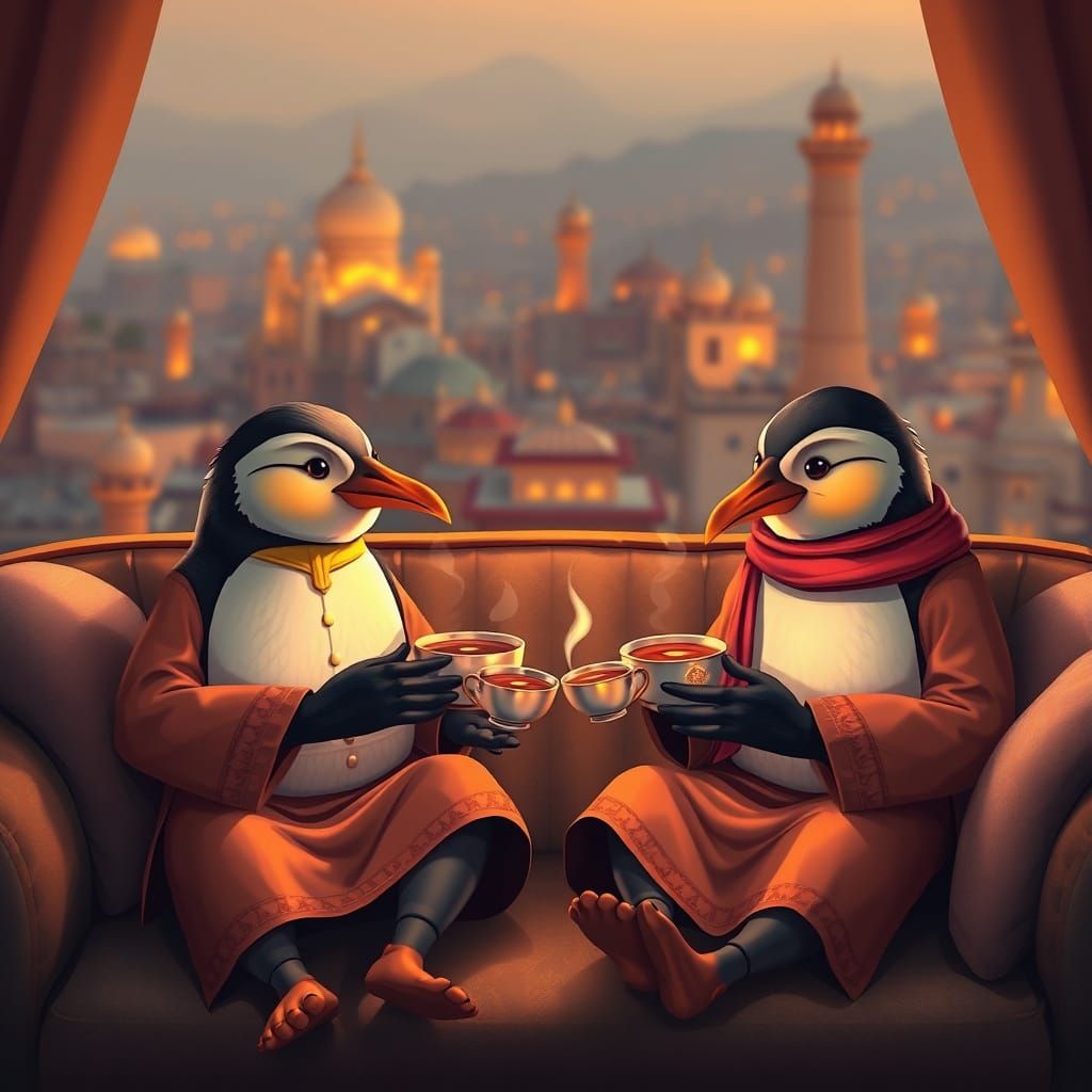 Penguins Savoring Chai in Lahore's Warmth