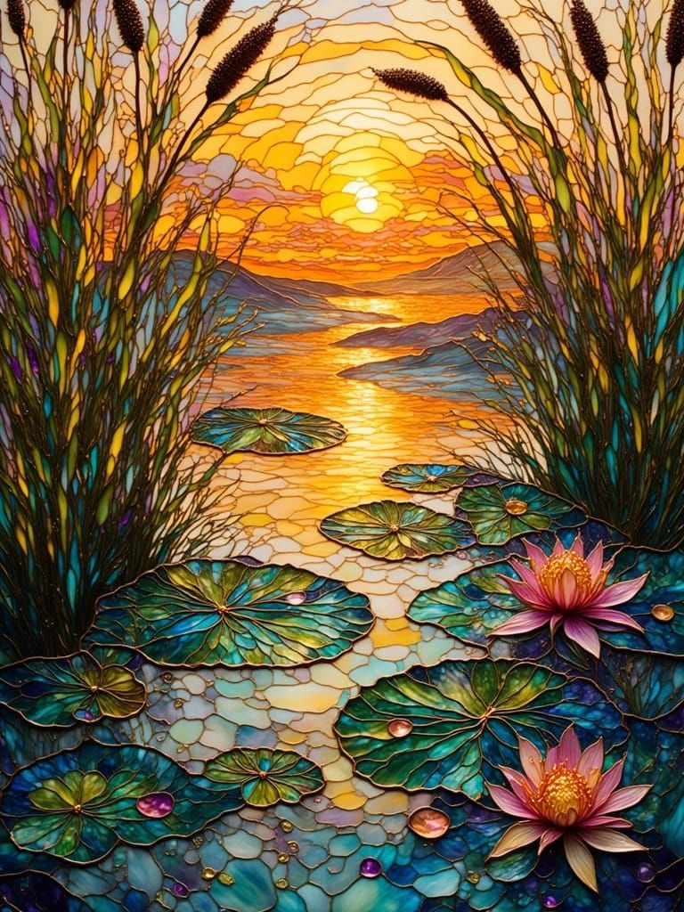 Iridescent Stained Glass Sunrise Over Water Lilies