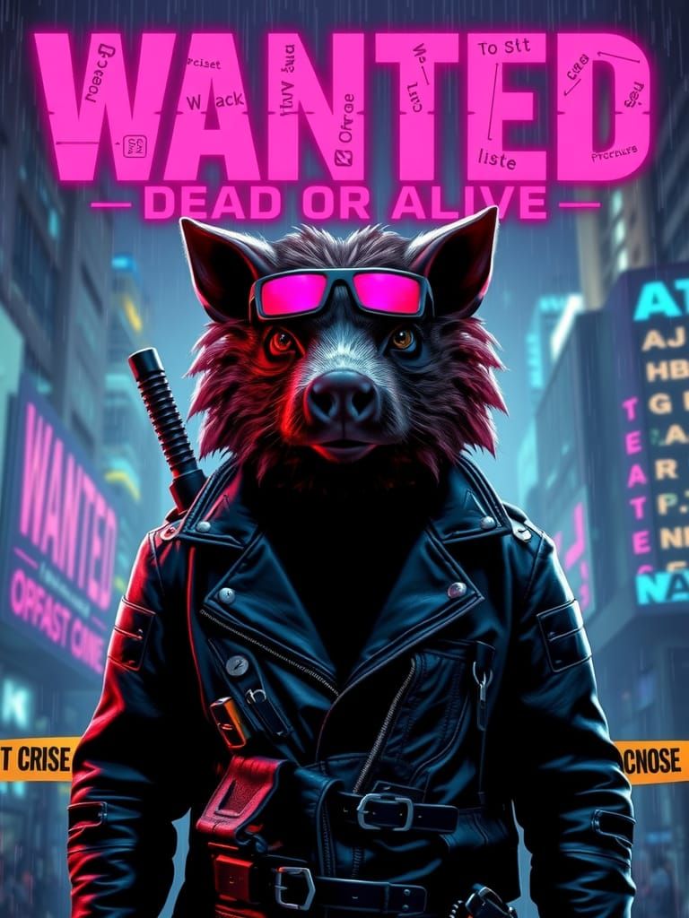 Cyberpunk Hog Gunslinger in Glitch Art Cityscape