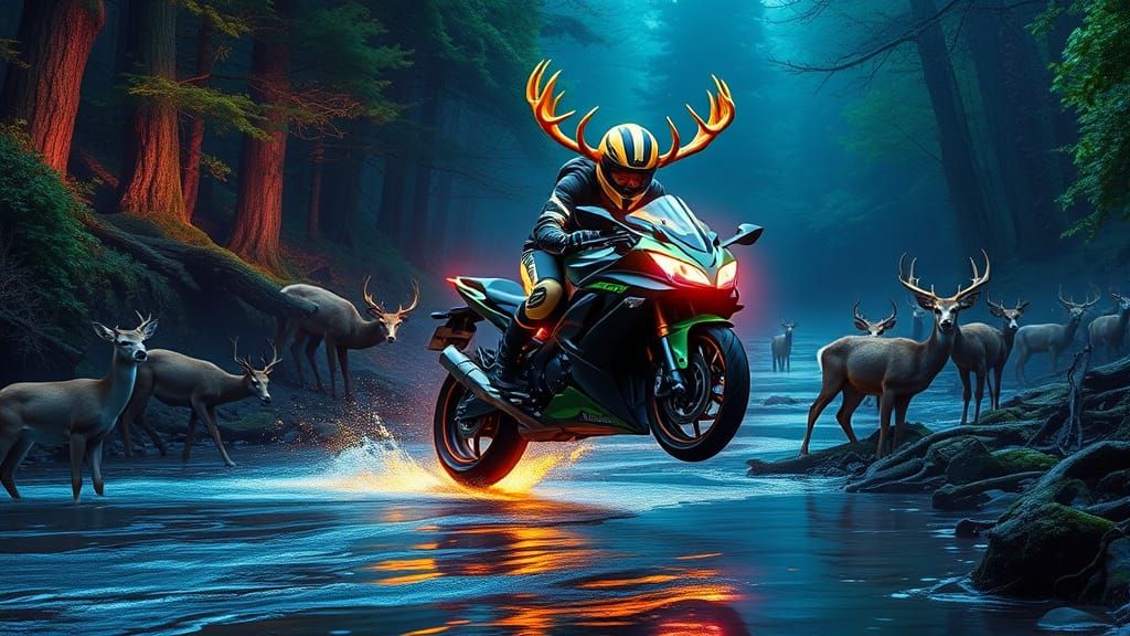 Neon Motorcycle Jumps in Bioluminescent Forest
