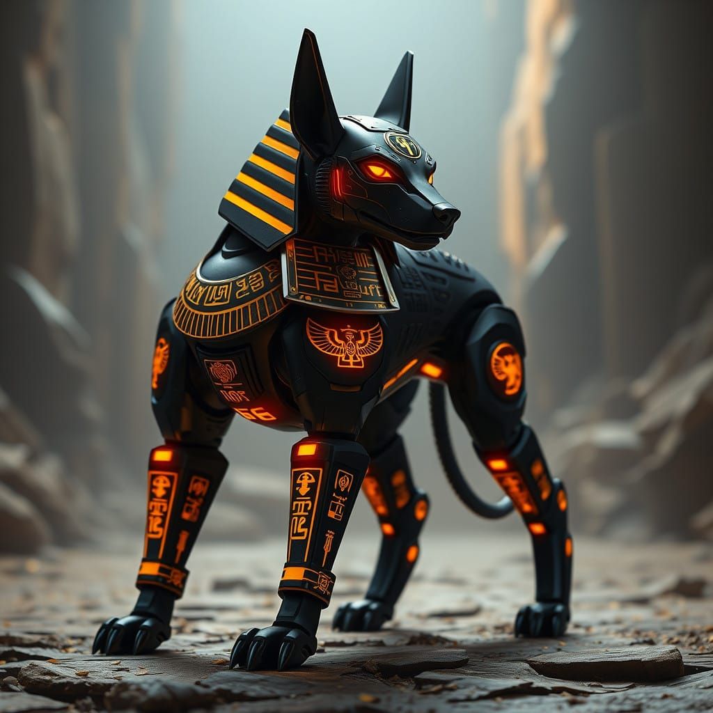 Cyberpunk Anubis Guard Dog in Ancient Egyptian Tech