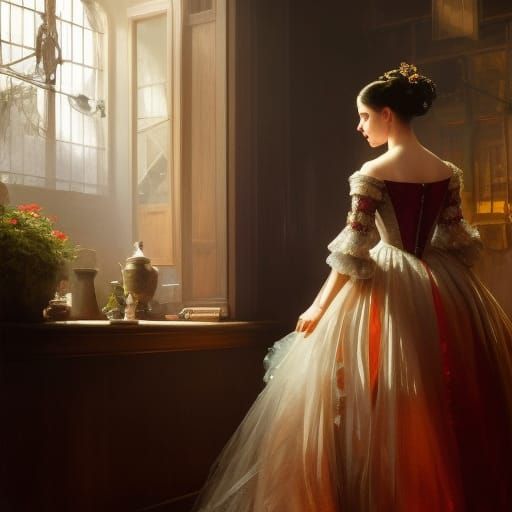 Woman in Tudor Gown Overlooking Cyberpunk City
