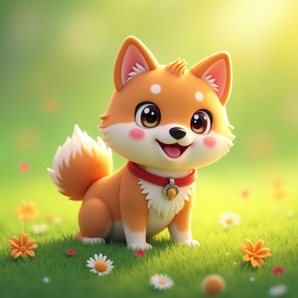 Cartoon Shiba Inu Figurine on Sunny Meadow