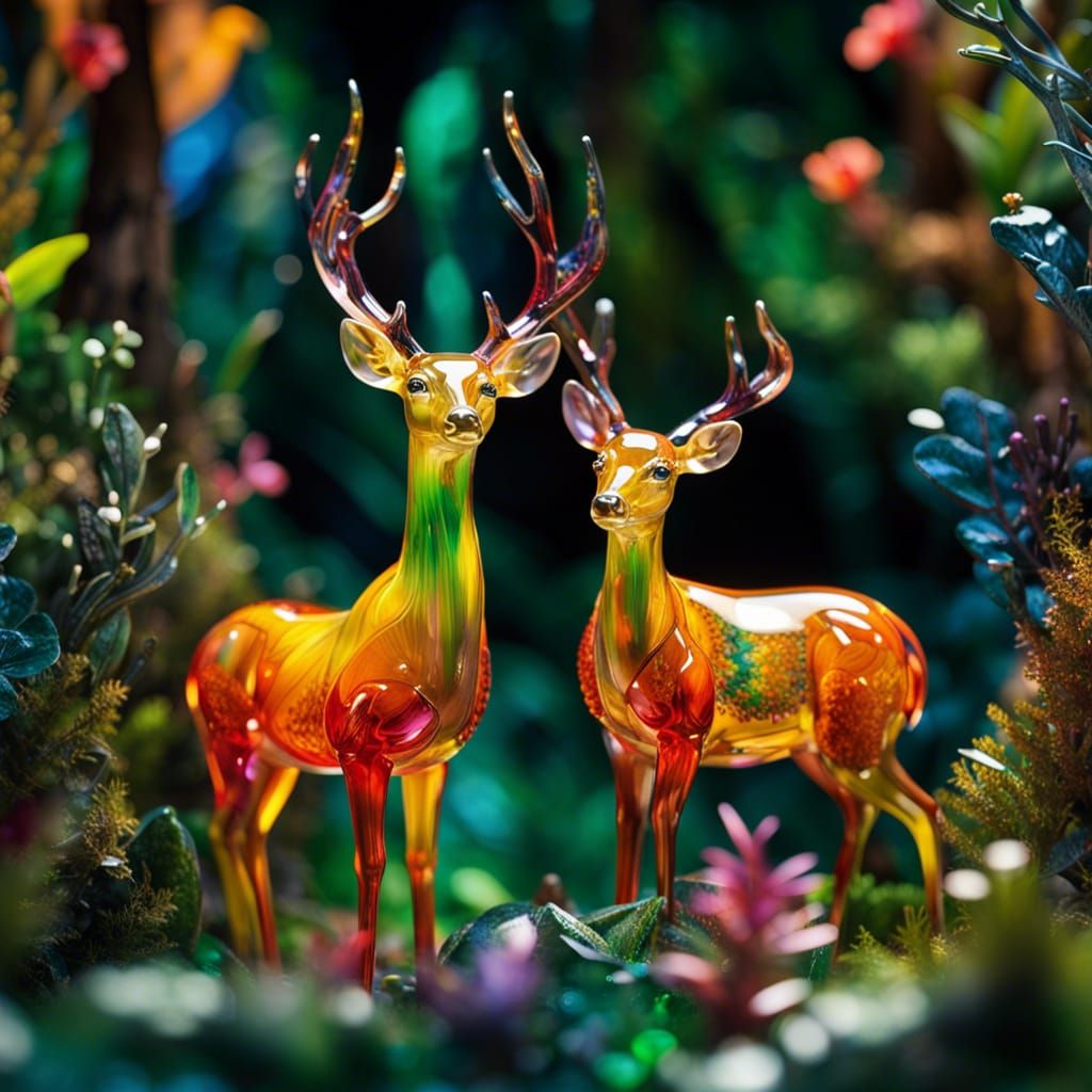 Glass Deer Figurine in Jungle Diorama