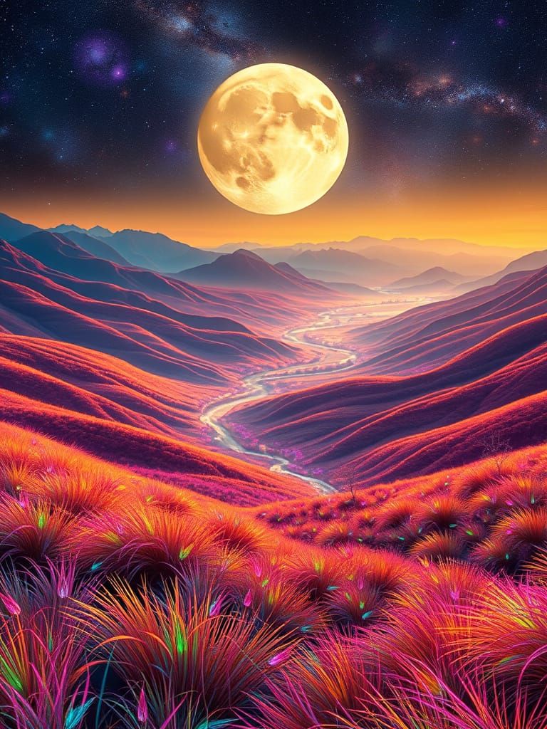 Surreal Cosmic Landscape at Night with Bioluminescent Plants...