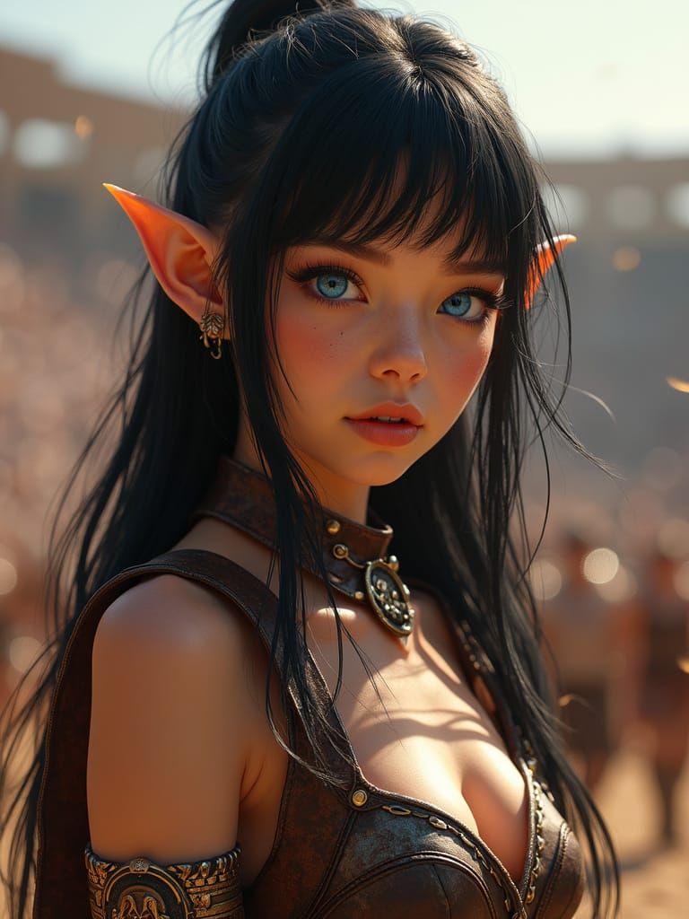 Hyperrealistic Young Elf Gladiator in Sunlit Arena