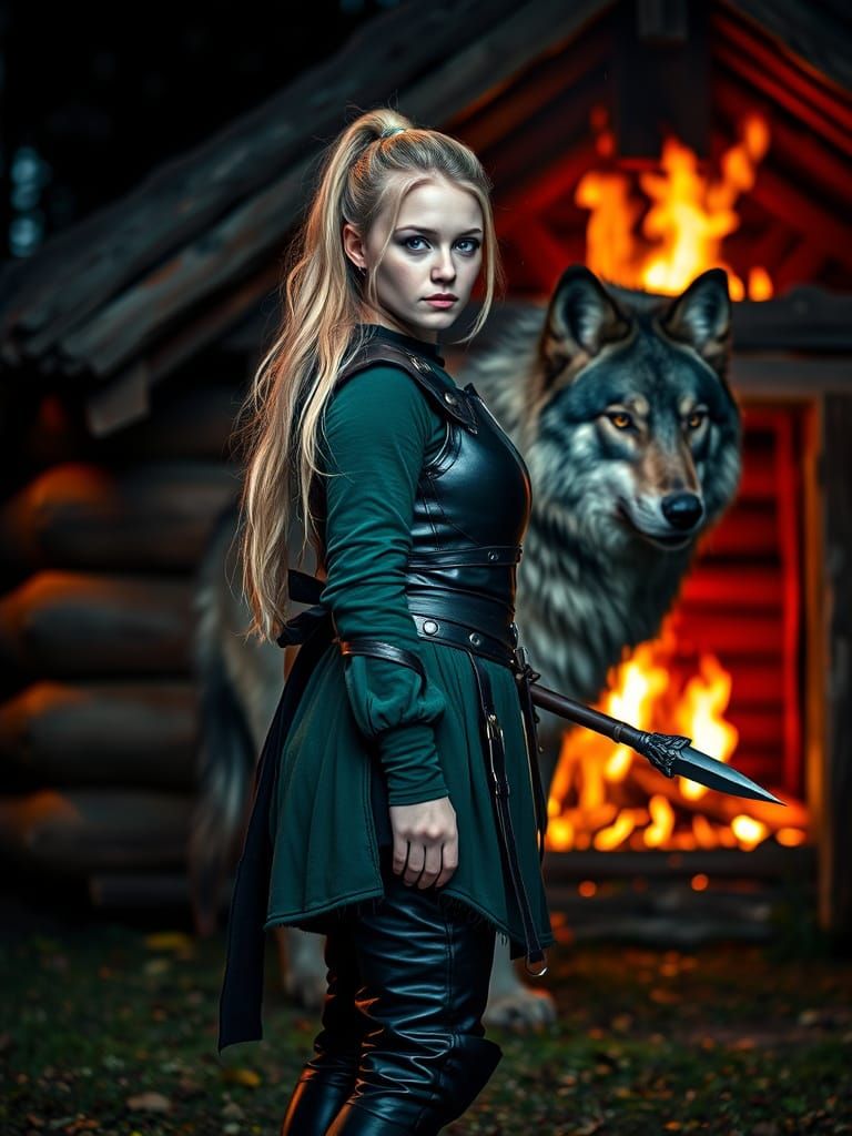 Elegant Warrior in Black Armor with Wolf Companion