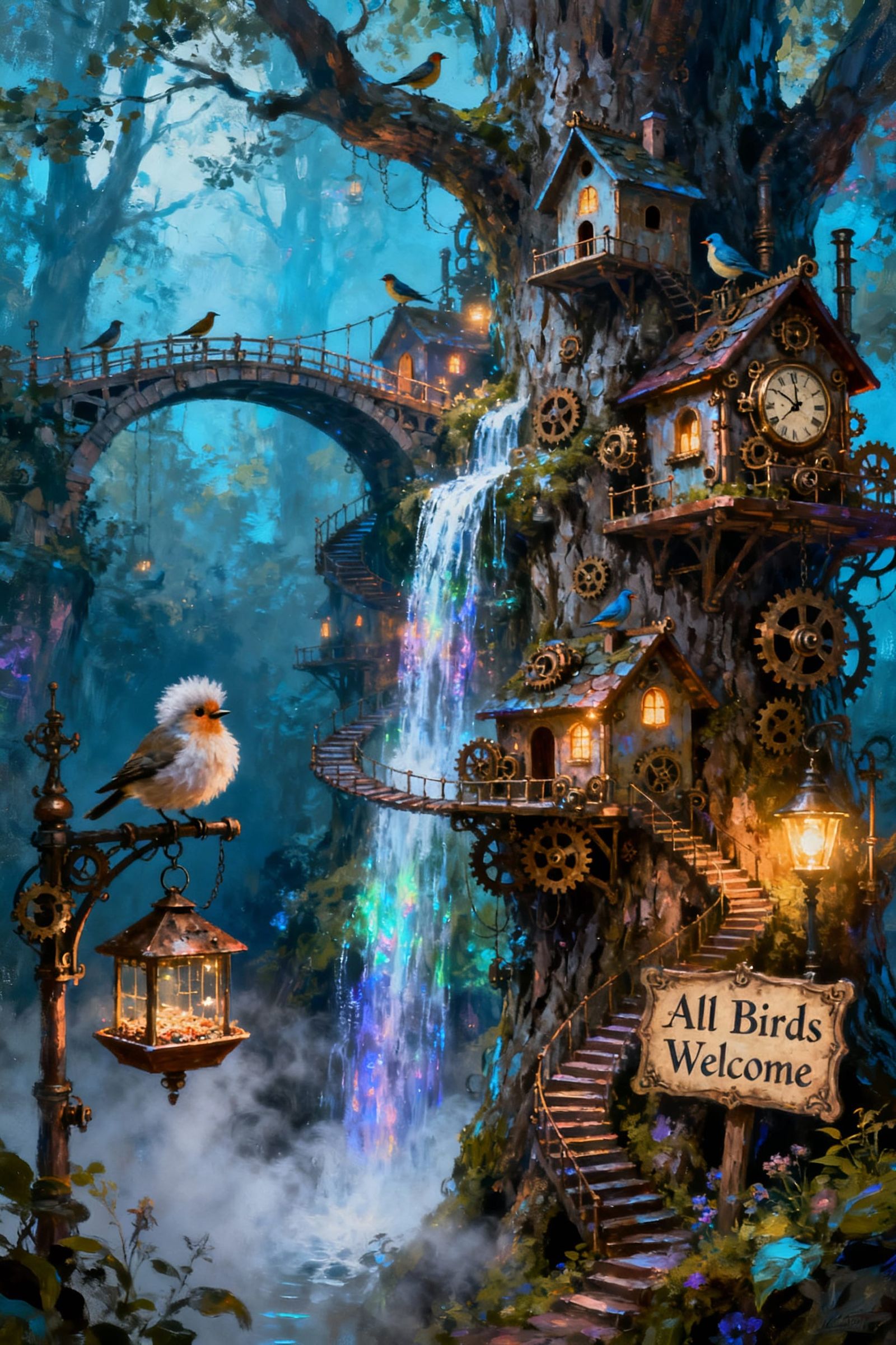 Intricate Steampunk Bird Village on Textured Tree Trunk