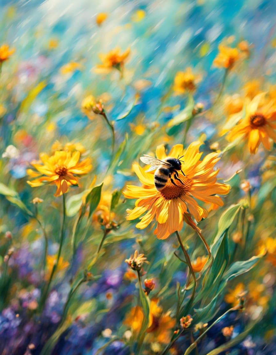 Vibrant Bee in a Field of Flowers, Impressionist Digital Art