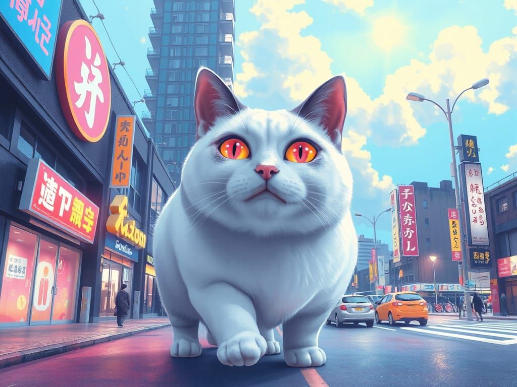 Colossal Cat in Anime Style Walks Through City