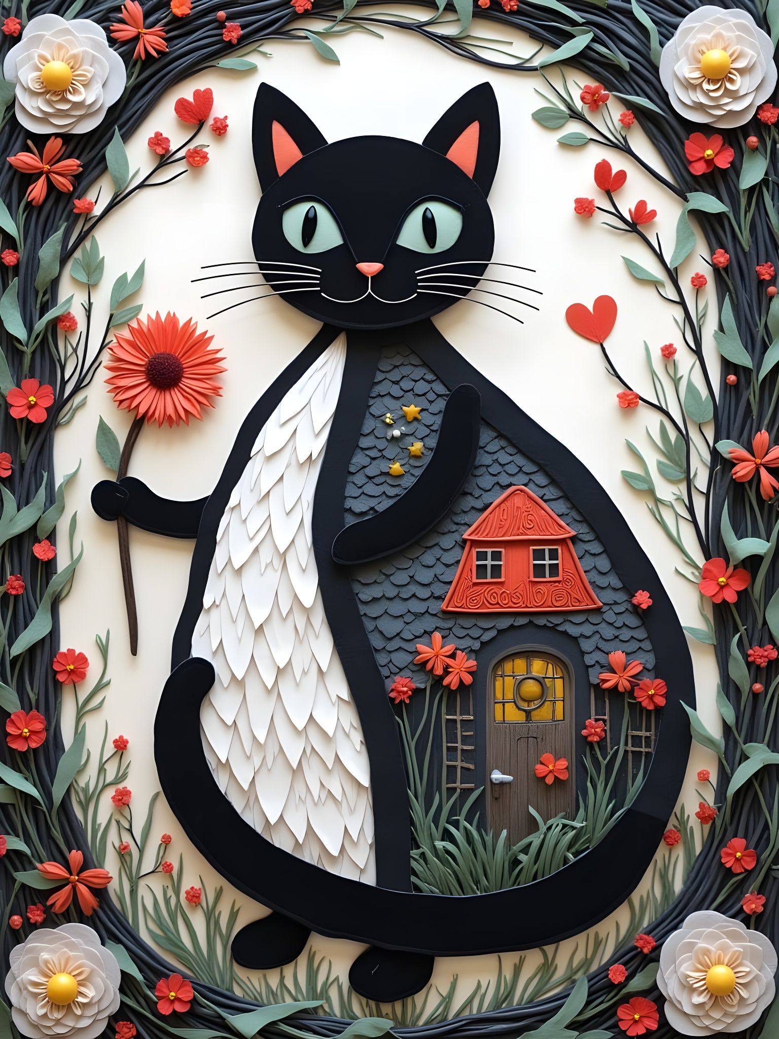 Felt Cat with Flower in Storybook Scene