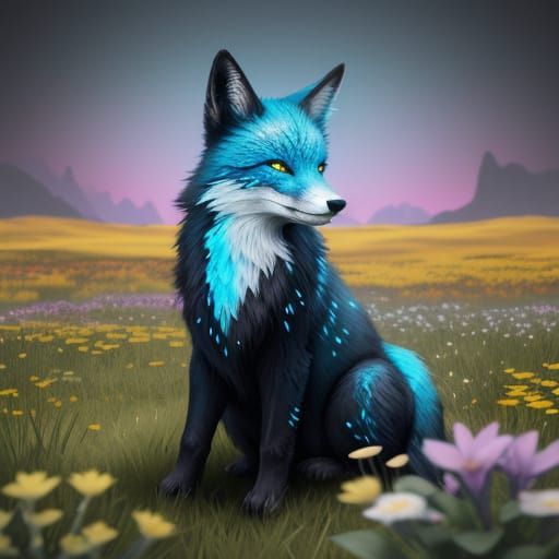Bioluminescent Fox with Kintsugi Fur in Floral Field