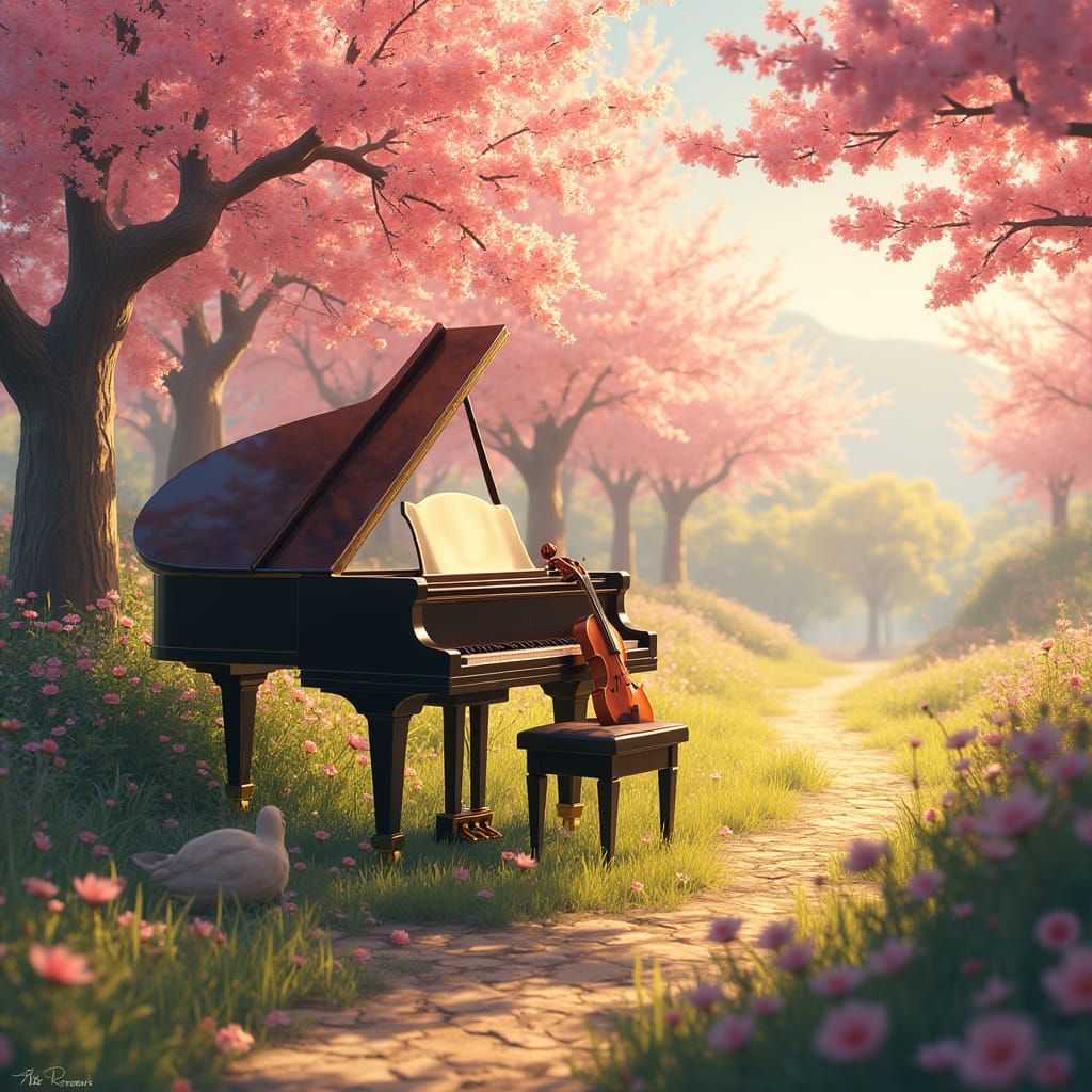 Orchestral Garden: Piano and Violin in Anime Style