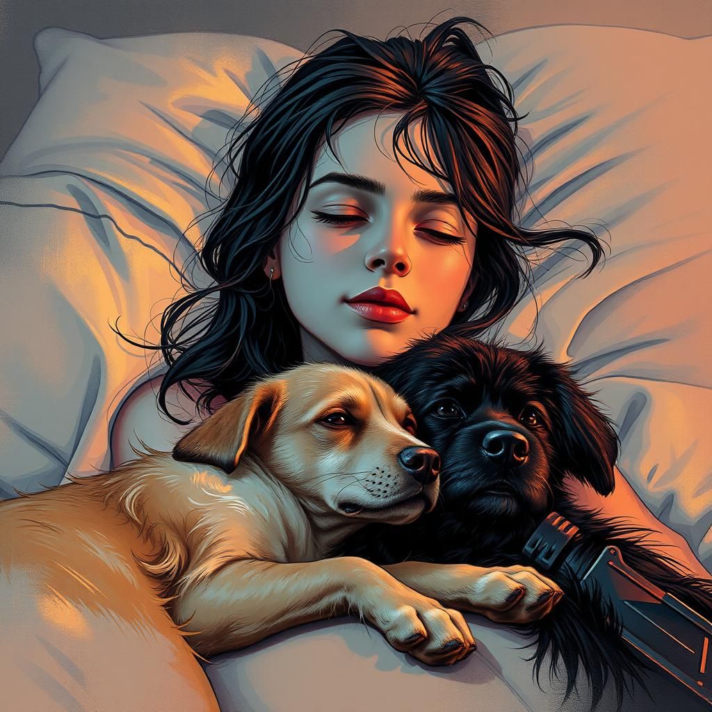 Ink Portrait of Girl Napping with Dog