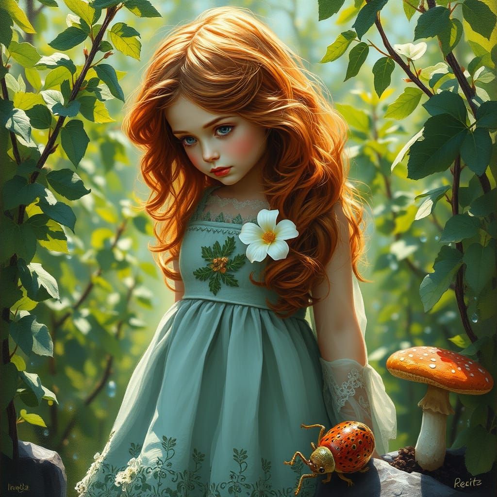 Mystical Girl in Verdant Landscape, Oil Painting Style