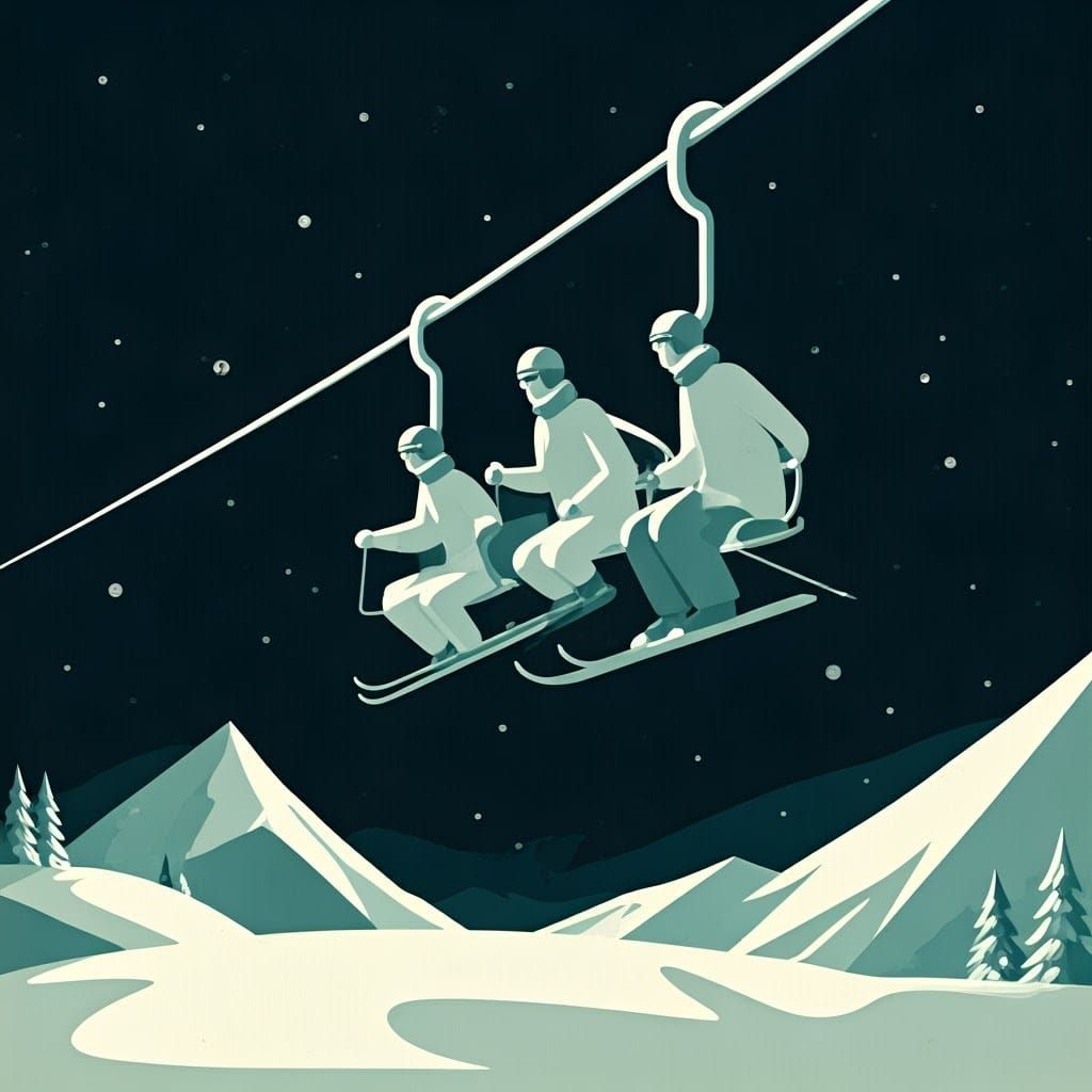 Ethereal Winter Sports Scene with Silhouette Ski Lift and Jo...