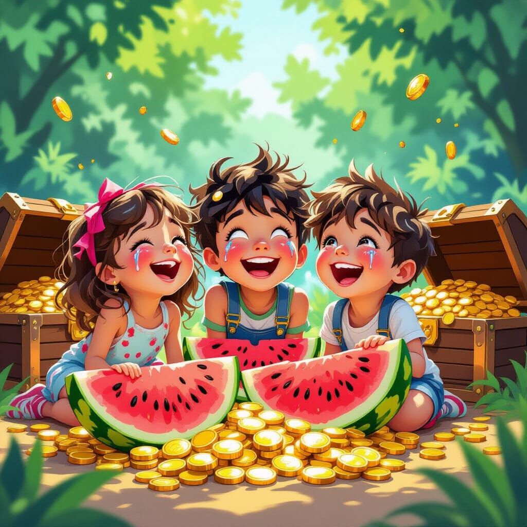 Joyful Children, Watermelon, and Treasure in Vibrant Style