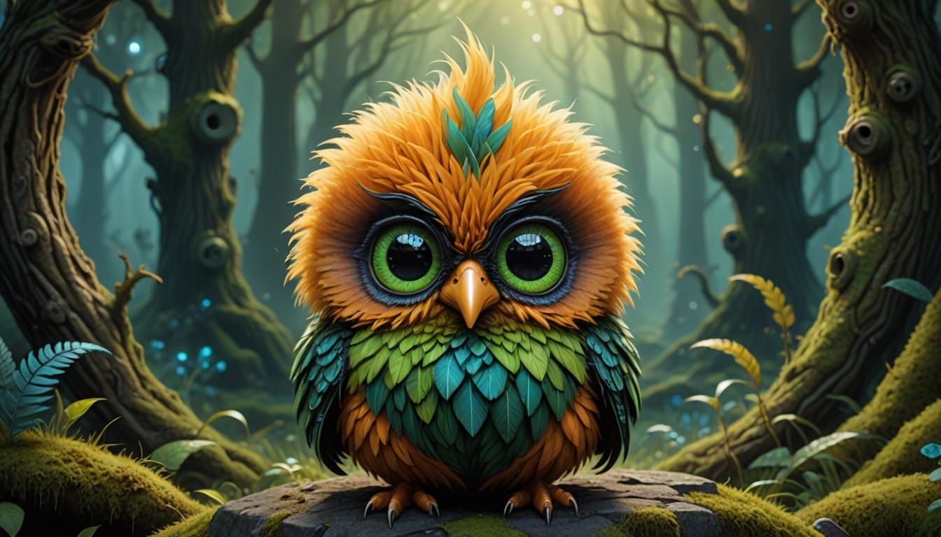 Grumpy Chick with Big Eyes in Whimsical Scene